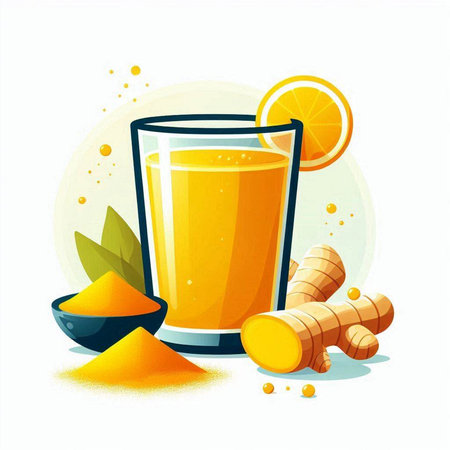 Turmeric juice in glass with turmeric root, orange slice and turmeric powder. Vector illustrationのイラスト素材
