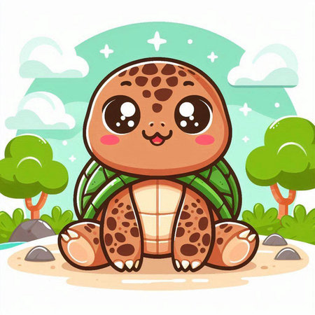 Cute cartoon turtle sitting on the sand in the park. Vector illustration.のイラスト素材