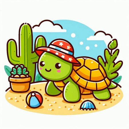 Cute cartoon turtle in the desert with cactuses. Vector illustration.のイラスト素材