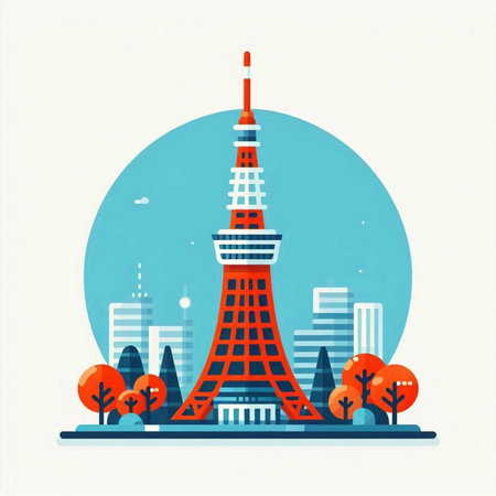 Tokyo tower in Tokyo, Japan. Flat style vector illustration.のイラスト素材