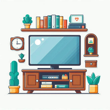 Living room furniture with TV, bookshelf, books, clock, cactus and plants. Vector illustrationのイラスト素材