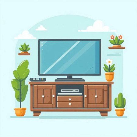 TV on the cabinet. Vector illustration in flat cartoon style. Interior designのイラスト素材