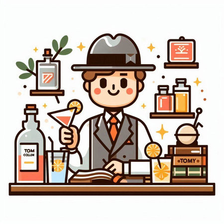 Bartender with a cocktail in the bar. Vector illustration.のイラスト素材