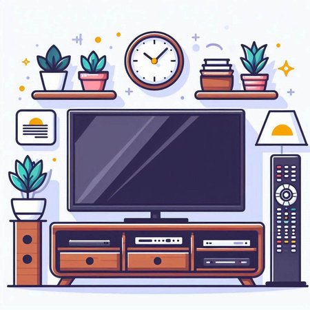 TV on the wall in living room. Flat style vector illustration.のイラスト素材