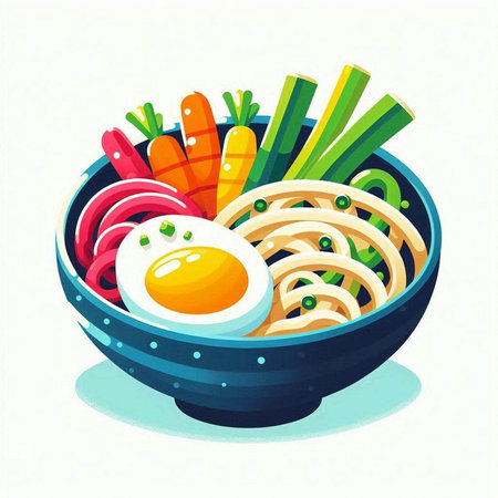 Bowl of noodle with egg and vegetables. Vector illustration.のイラスト素材