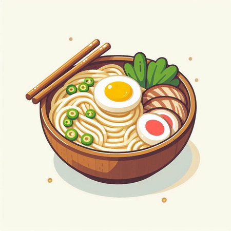 Illustration of a bowl of ramen noodles with egg and vegetablesのイラスト素材
