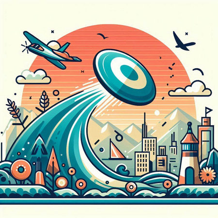 Flying saucer over the city. Vector illustration in flat style.のイラスト素材