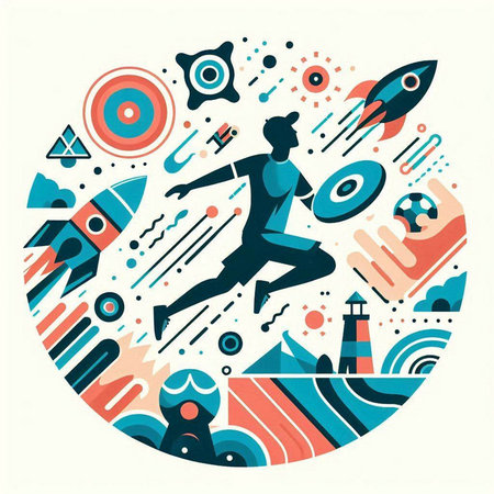 Vector illustration of a man running in a circle with space elements.のイラスト素材