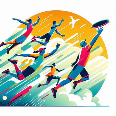 Illustration of a group of people jumping in the sky, vector illustrationのイラスト素材