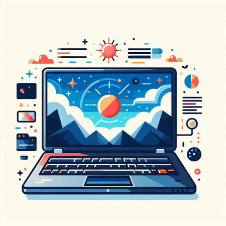 Laptop computer with sun and mountains. Modern flat design vector illustration.のイラスト素材