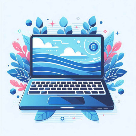 Laptop with blue sea and clouds on the screen. Vector illustration.のイラスト素材