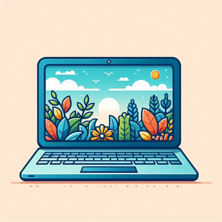 Laptop with nature landscape on screen. Vector illustration in flat styleのイラスト素材