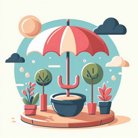 Vector illustration of a flat design of a city landscape with an umbrellaのイラスト素材