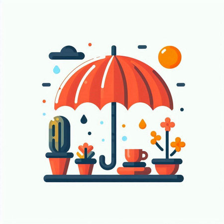 Umbrella and succulents. Vector illustration in flat styleのイラスト素材