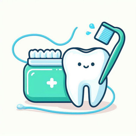 Cute cartoon tooth with toothbrush and first aid kit. Vector illustration.のイラスト素材