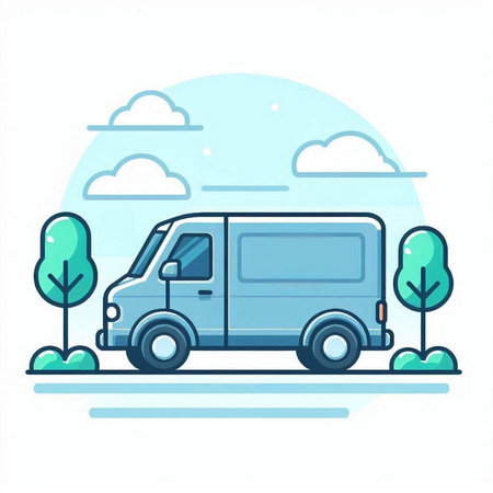 Delivery van with trees and clouds. Vector illustration in flat style.のイラスト素材