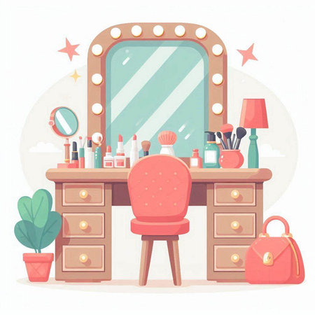 Makeup room with dressing table and mirror. Vector illustration in cartoon styleのイラスト素材