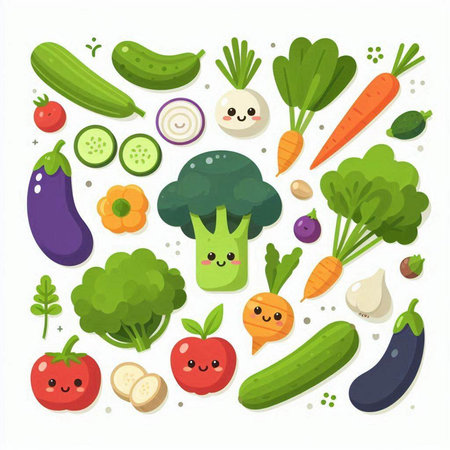 Vegetables set in flat style. Cute cartoon characters. Vector illustration.のイラスト素材