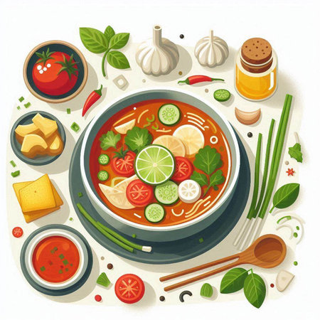 Thai Tom Yam soup in bowl with ingredients and spices. Vector illustration.のイラスト素材