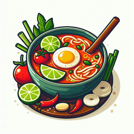 Ramen noodle soup with egg and vegetables in bowl. Vector illustrationのイラスト素材