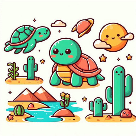 Cute cartoon turtle and cactus in desert. Vector illustration.のイラスト素材