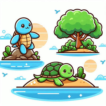 Turtle on the island. Vector illustration in a cartoon style.のイラスト素材