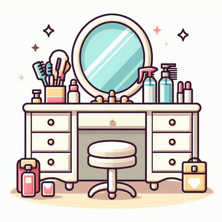 Vector illustration of a dressing table with a mirror and makeup products.のイラスト素材