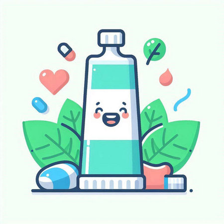 Cute toothpaste and leaves. Vector illustration in cartoon style.のイラスト素材