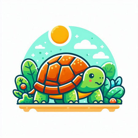Cute cartoon turtle in the garden. Vector illustration on white background.のイラスト素材