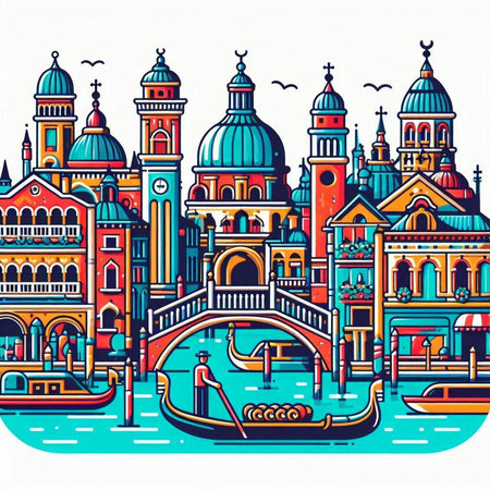 Venice, Italy. Vector colorful hand drawn illustration with gondola and Basilica di Santa Maria della Salute in Venice, Italyのイラスト素材