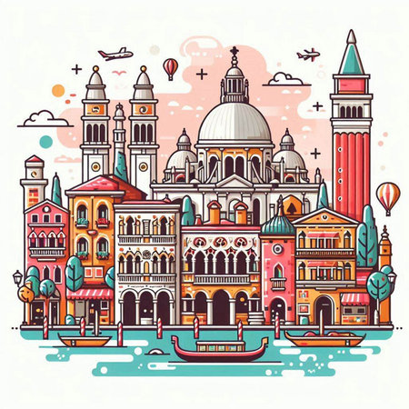 Venice, Italy. Colorful hand drawn vector illustration of Venice.のイラスト素材