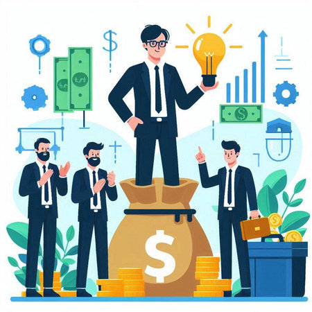 Businessman standing on money bag. Successful business concept. Vector illustration in flat styleのイラスト素材