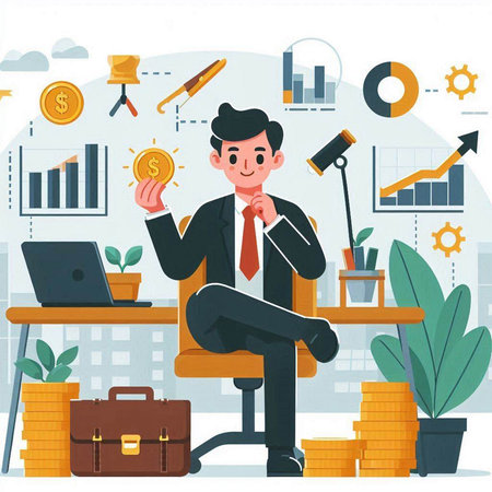Businessman sitting on office chair and thinking about money. Vector illustration in flat styleのイラスト素材