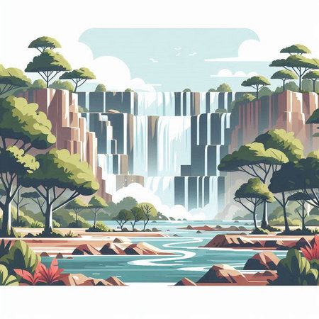 Landscape with waterfalls in flat style. Vector illustration for your designのイラスト素材