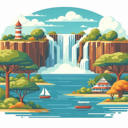 Landscape with waterfalls, lighthouses and boat. Vector illustrationのイラスト素材