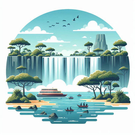 landscape of waterfalls and boats on the lake, vector illustrationのイラスト素材