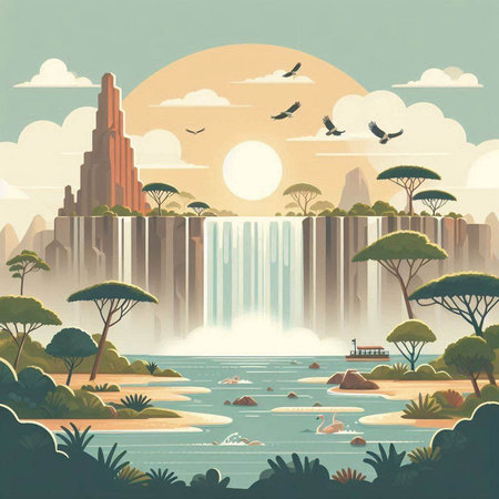 Waterfall in the desert. Vector illustration of a cartoon landscape.のイラスト素材