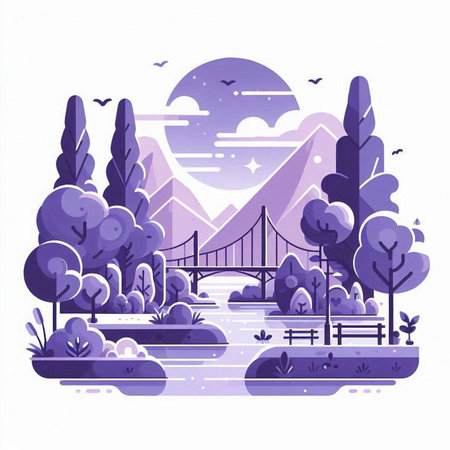 Landscape with river and bridge. Vector illustration in flat style.のイラスト素材