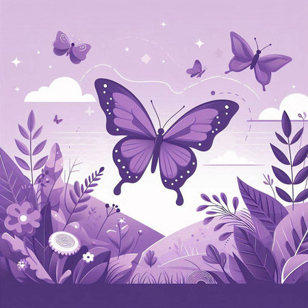 Butterfly in the meadow with flowers and butterflies. Vector illustration.のイラスト素材