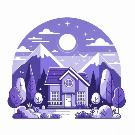 Vector illustration of a house in the middle of the forest and mountains.のイラスト素材