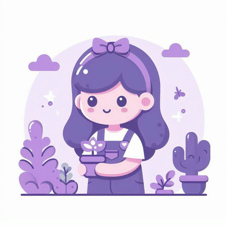 Cute little girl holding a gift box. Vector flat illustration.のイラスト素材