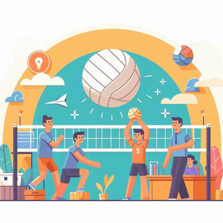 Volleyball game flat vector illustration. Team of men and women playing volleyball.のイラスト素材