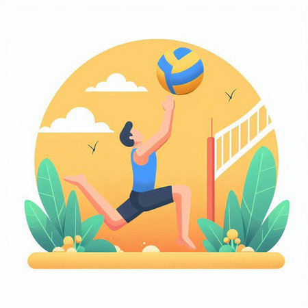 Girl playing volleyball on the beach. Flat design. Vector illustration.のイラスト素材