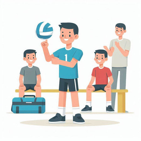 Children playing volleyball vector illustration. Cartoon little boys sitting on bench and holding ballのイラスト素材