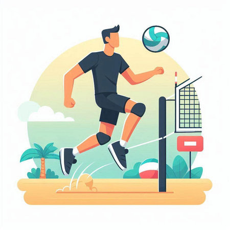 Volleyball player flat vector illustration. Cartoon man in sportswear playing volleyball on the beach.のイラスト素材