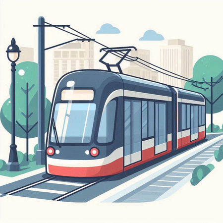 Modern train on the city street. Vector illustration in flat style.のイラスト素材