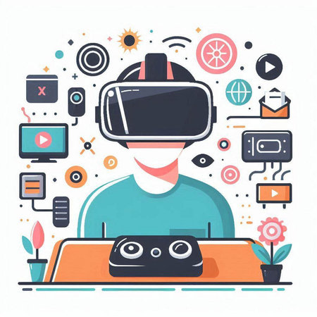 Man with virtual reality headset. Virtual reality concept. Vector illustration.のイラスト素材