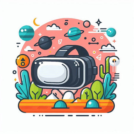 Virtual reality concept. Vector illustration in thin line style. Flat design.のイラスト素材