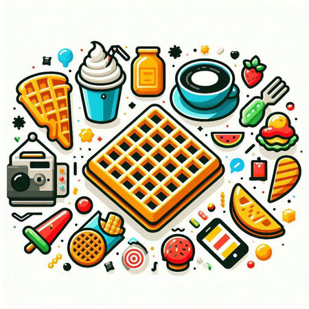 Vector illustration of waffle, ice cream, donut and other food.のイラスト素材