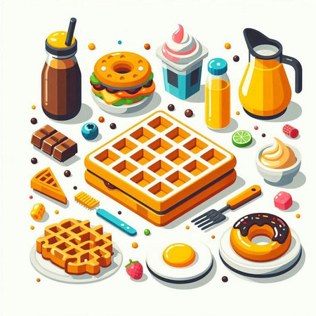 Breakfast isometric icons set with waffles and breakfast items isolated vector illustrationのイラスト素材